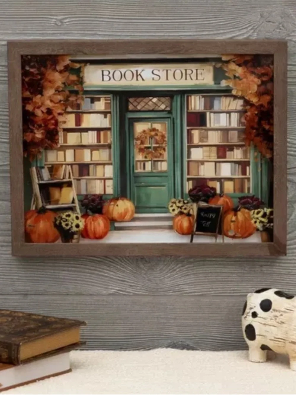Hobby Lobby Framed Fall Bookstore Art - Green Door, Orange Pumpkins New! 2026